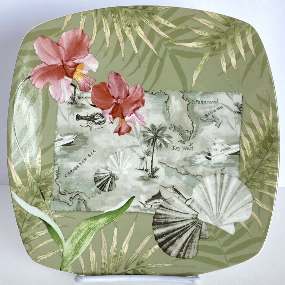 222 Fifth Florida Orchids Palm Tree Shells Travel Caribbean Khaki Square Plate